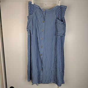 J.Jill Stripe Rayon Button Down Maxi Skirt Womens Size L Blue White Pockets